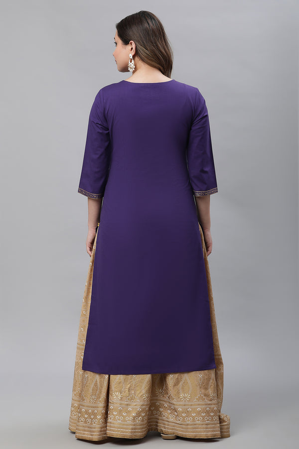Purple Abstract Print Foil Printed Straight Cotton Kurta