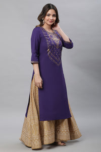 Purple Abstract Print Foil Printed Straight Cotton Kurta