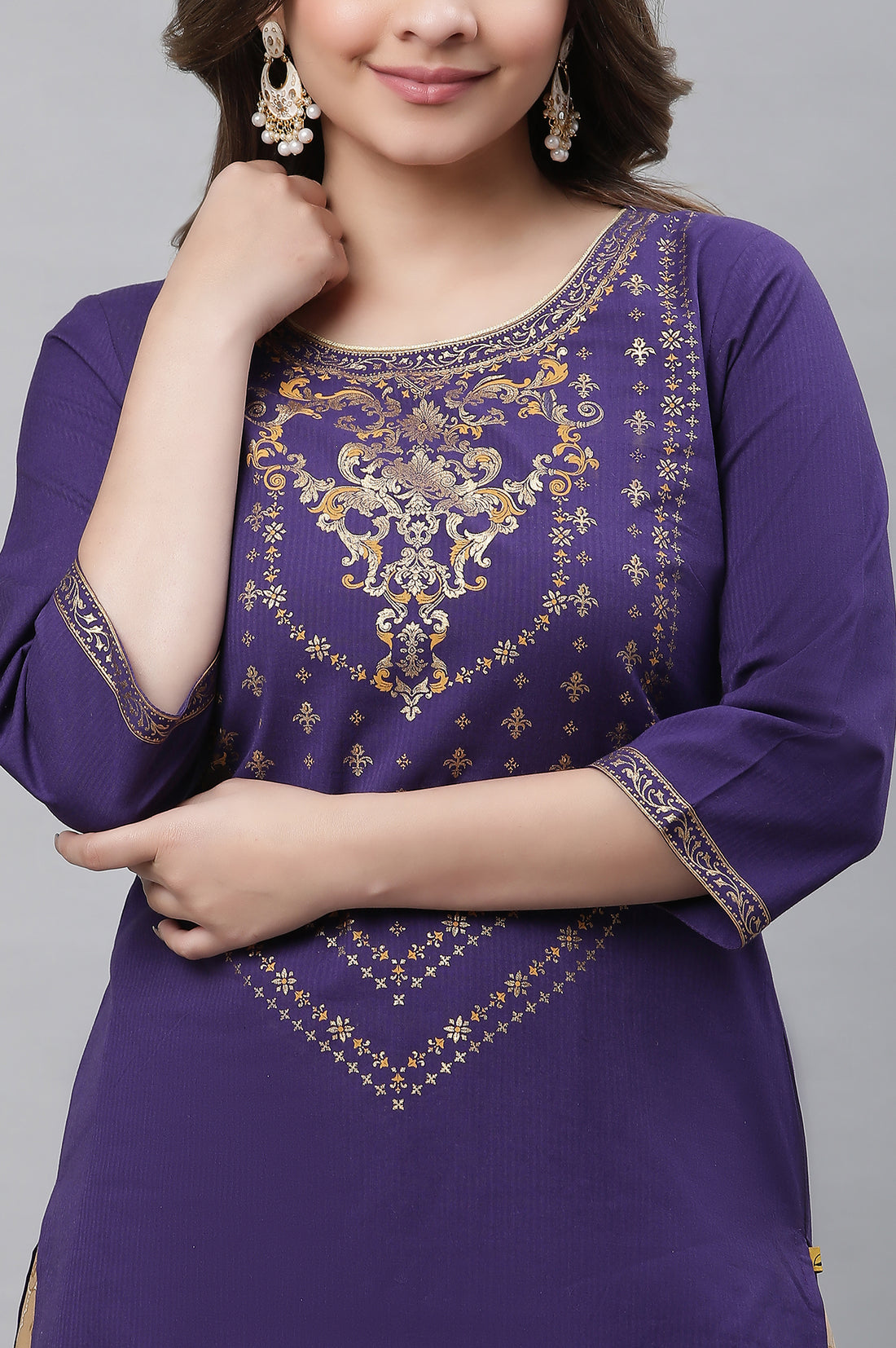 Purple Abstract Print Foil Printed Straight Cotton Kurta