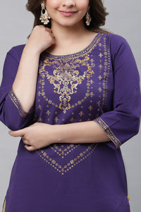 Purple Abstract Print Foil Printed Straight Cotton Kurta