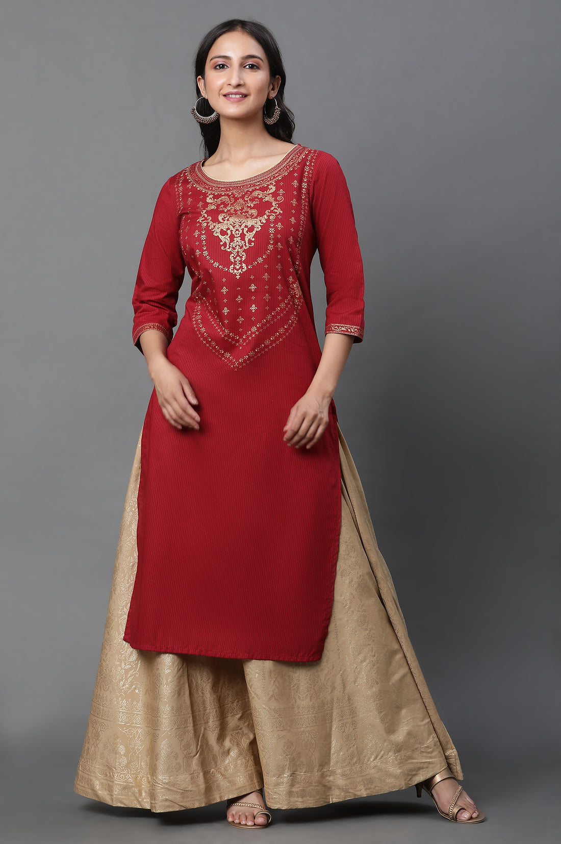 Red Abstract Print Foil Printed Straight Cotton Kurta