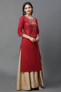 Red Abstract Print Foil Printed Straight Cotton Kurta