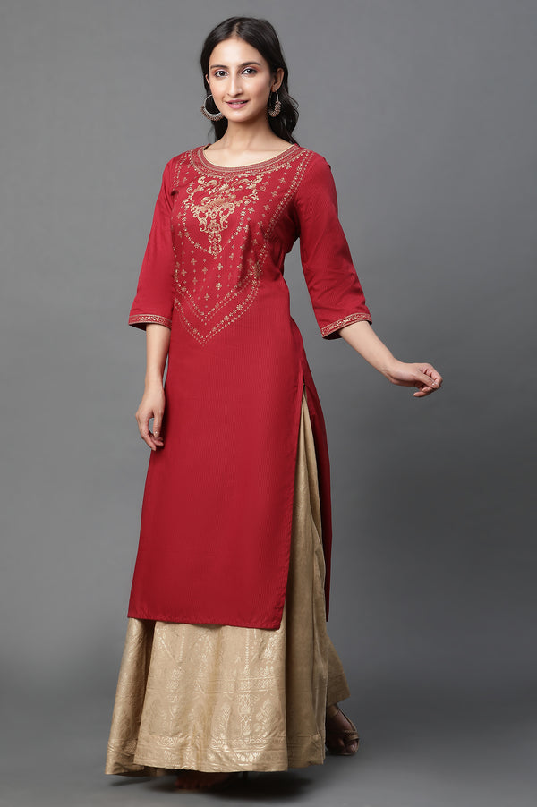 Red Abstract Print Foil Printed Straight Cotton Kurta
