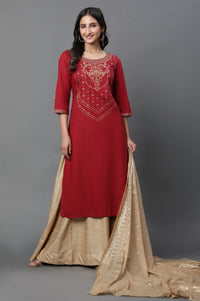 Red Abstract Print Foil Printed Straight Cotton Kurta