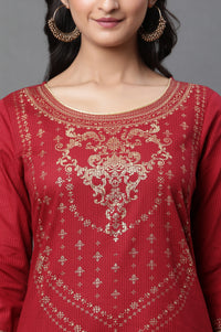 Red Abstract Print Foil Printed Straight Cotton Kurta