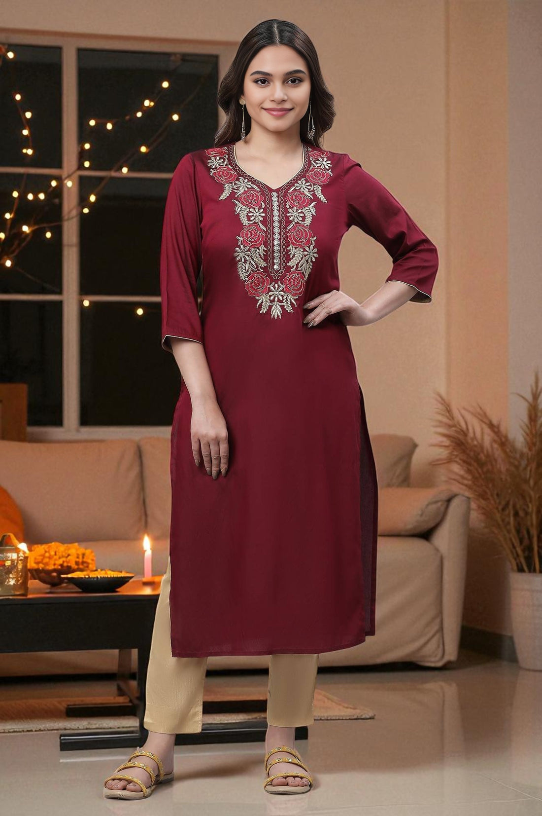 Wine Embroidered Festive Kurta