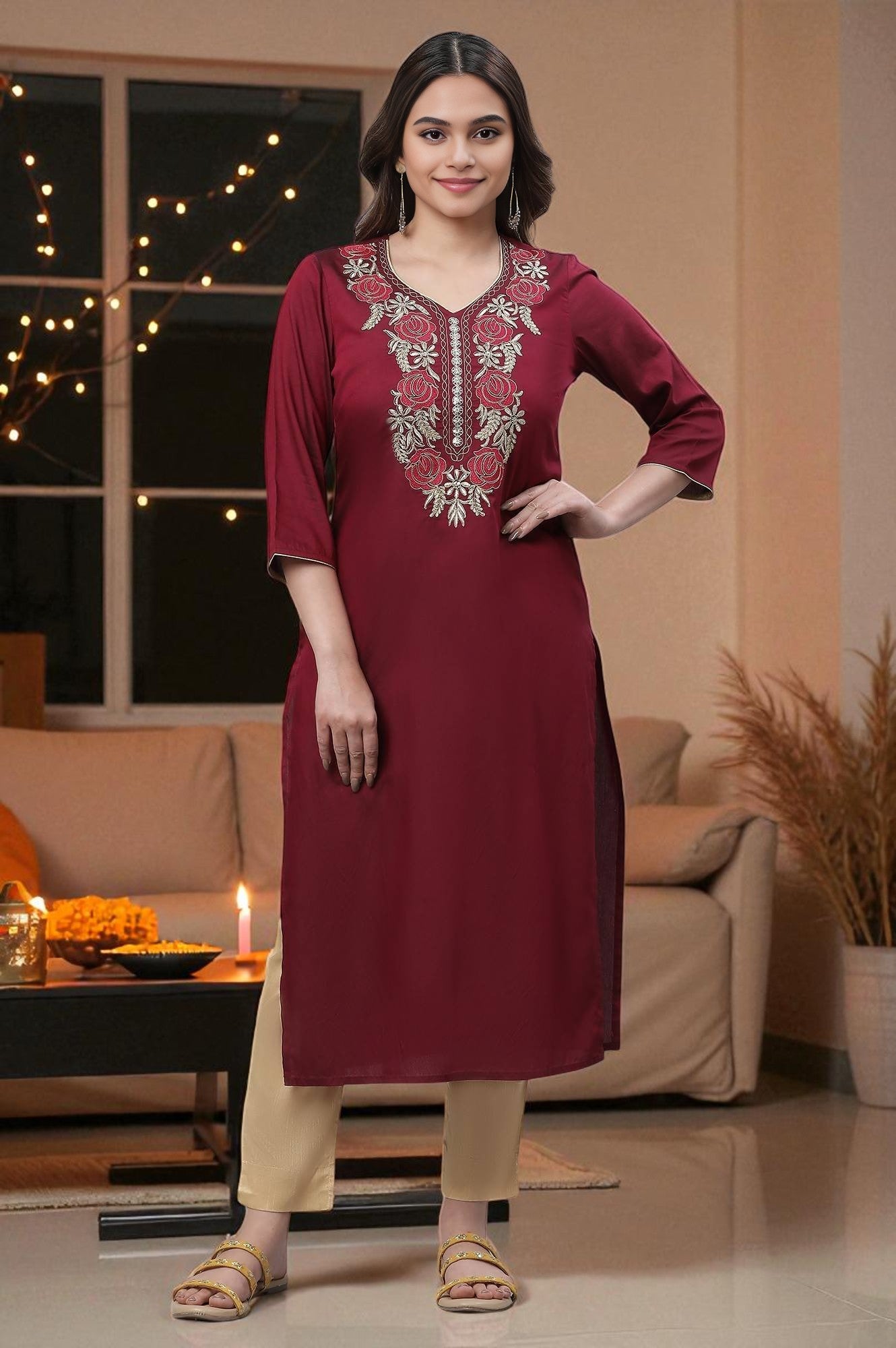 Wine Embroidered Festive Kurta