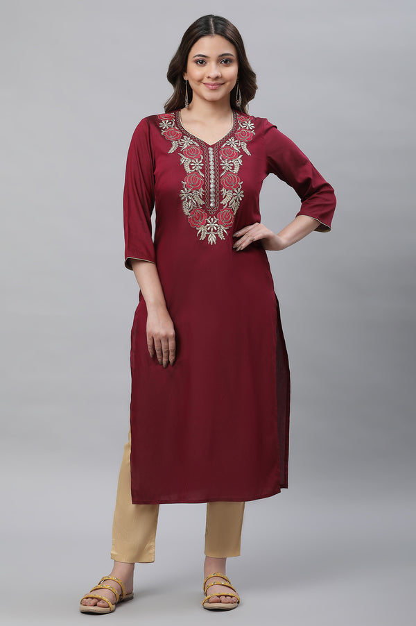 Maroon Solid Embroidered Straight Woven Kurta