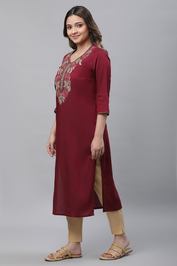 Maroon Solid Embroidered Straight Woven Kurta