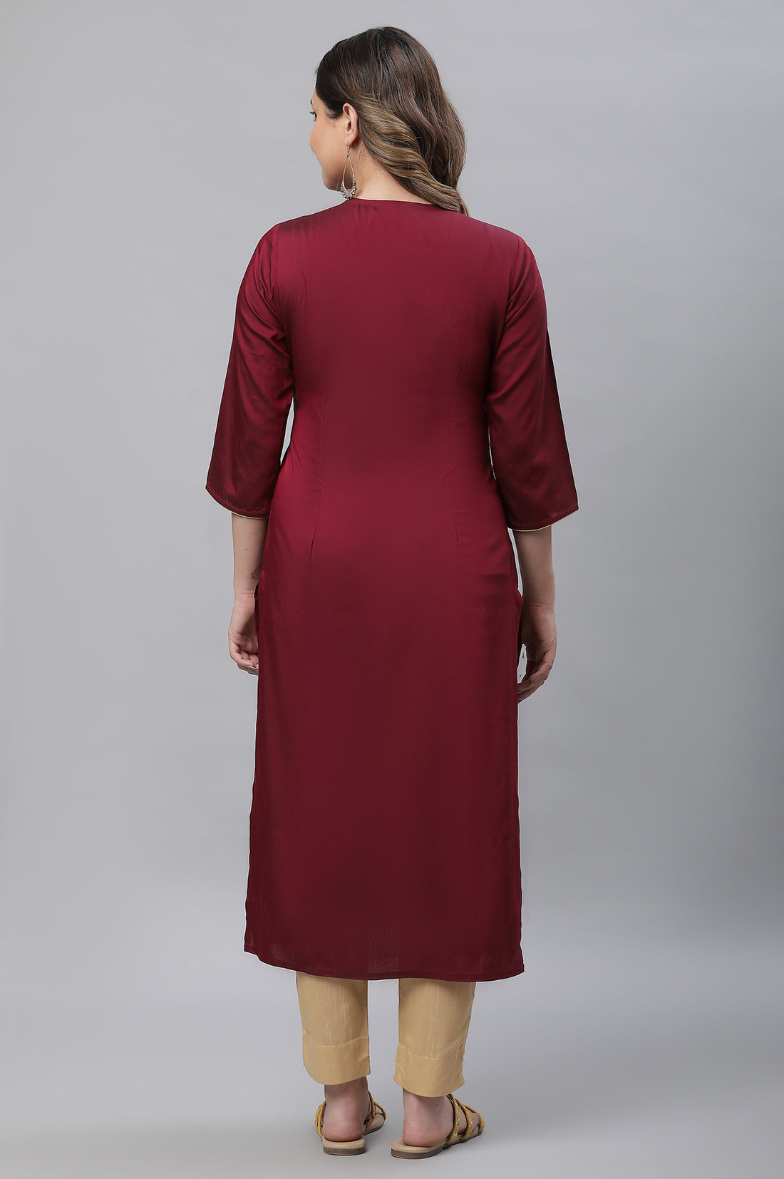 Maroon Solid Embroidered Straight Woven Kurta