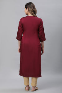 Maroon Solid Embroidered Straight Woven Kurta
