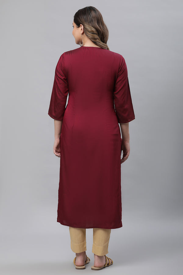 Maroon Solid Embroidered Straight Woven Kurta