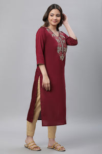 Maroon Solid Embroidered Straight Woven Kurta
