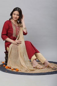 Maroon Solid Embroidered Straight Woven Kurta