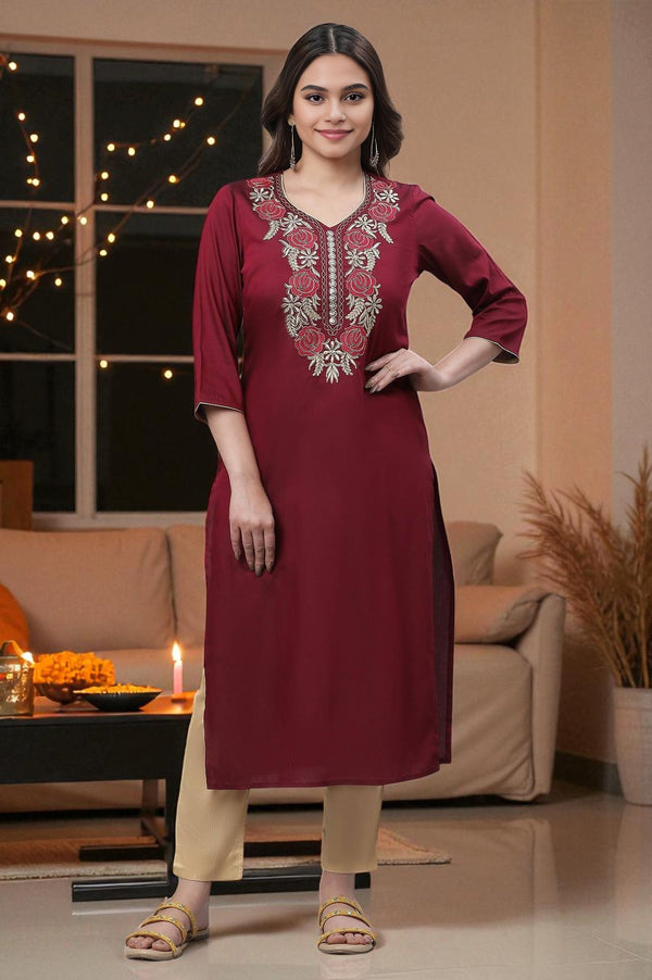 Wine Embroidered Festive Kurta