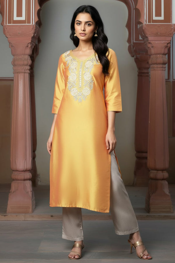 Yellow Zari Embroidered Straight Festive Kurta