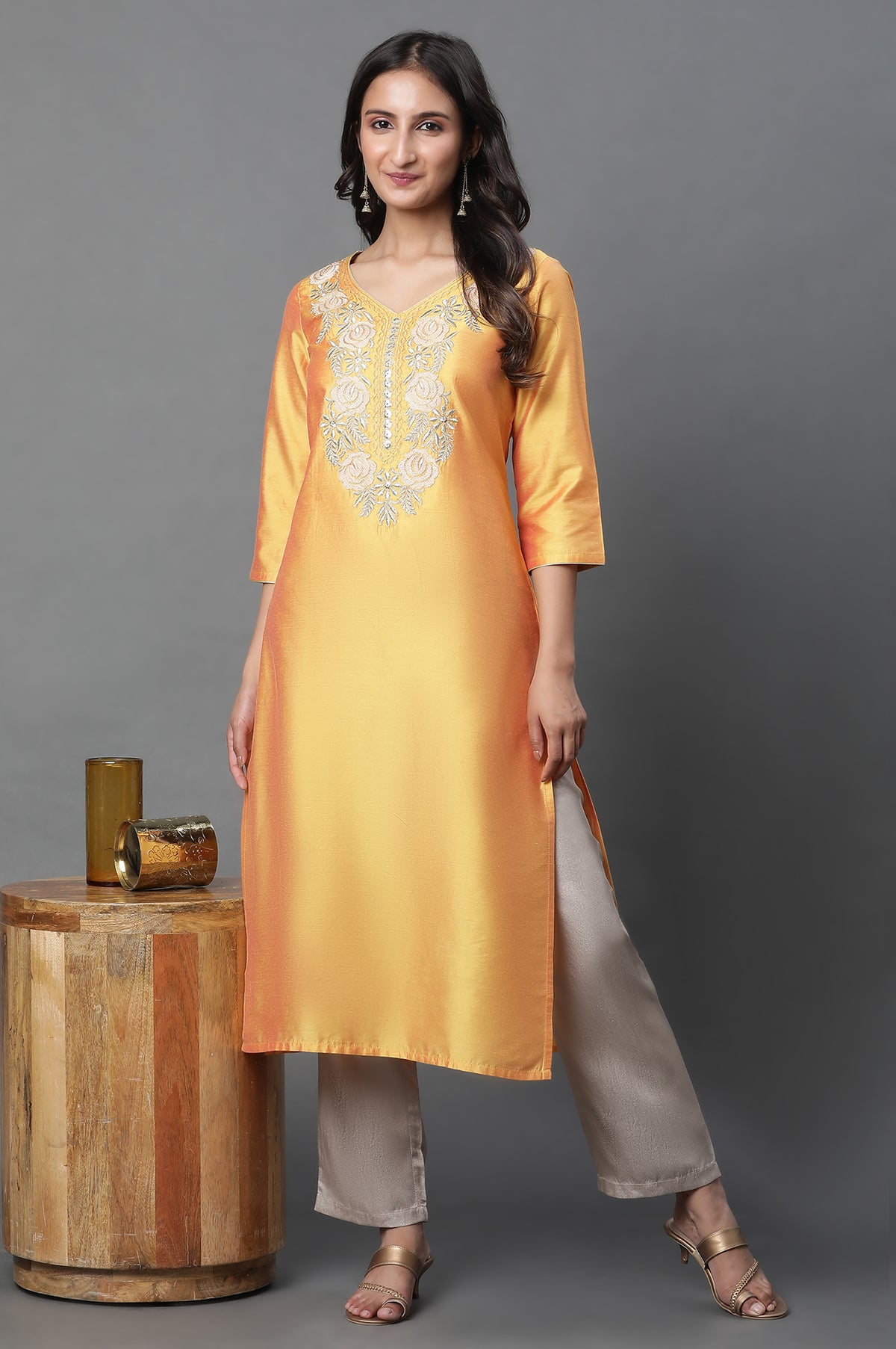 Yellow Solid Embroidered Straight Woven Kurta - XS