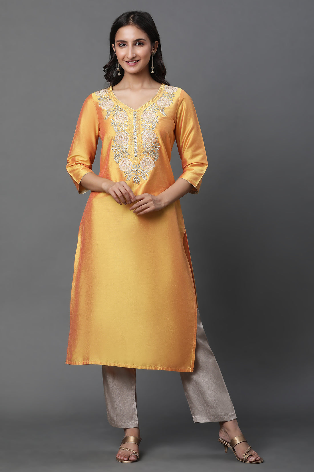 Yellow Solid Embroidered Straight Woven Kurta