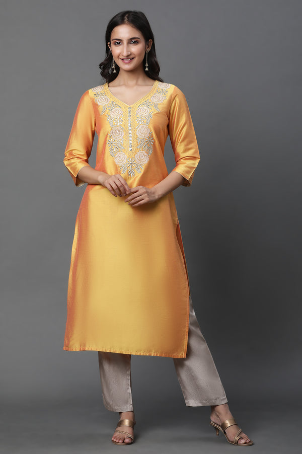 Yellow Solid Embroidered Straight Woven Kurta