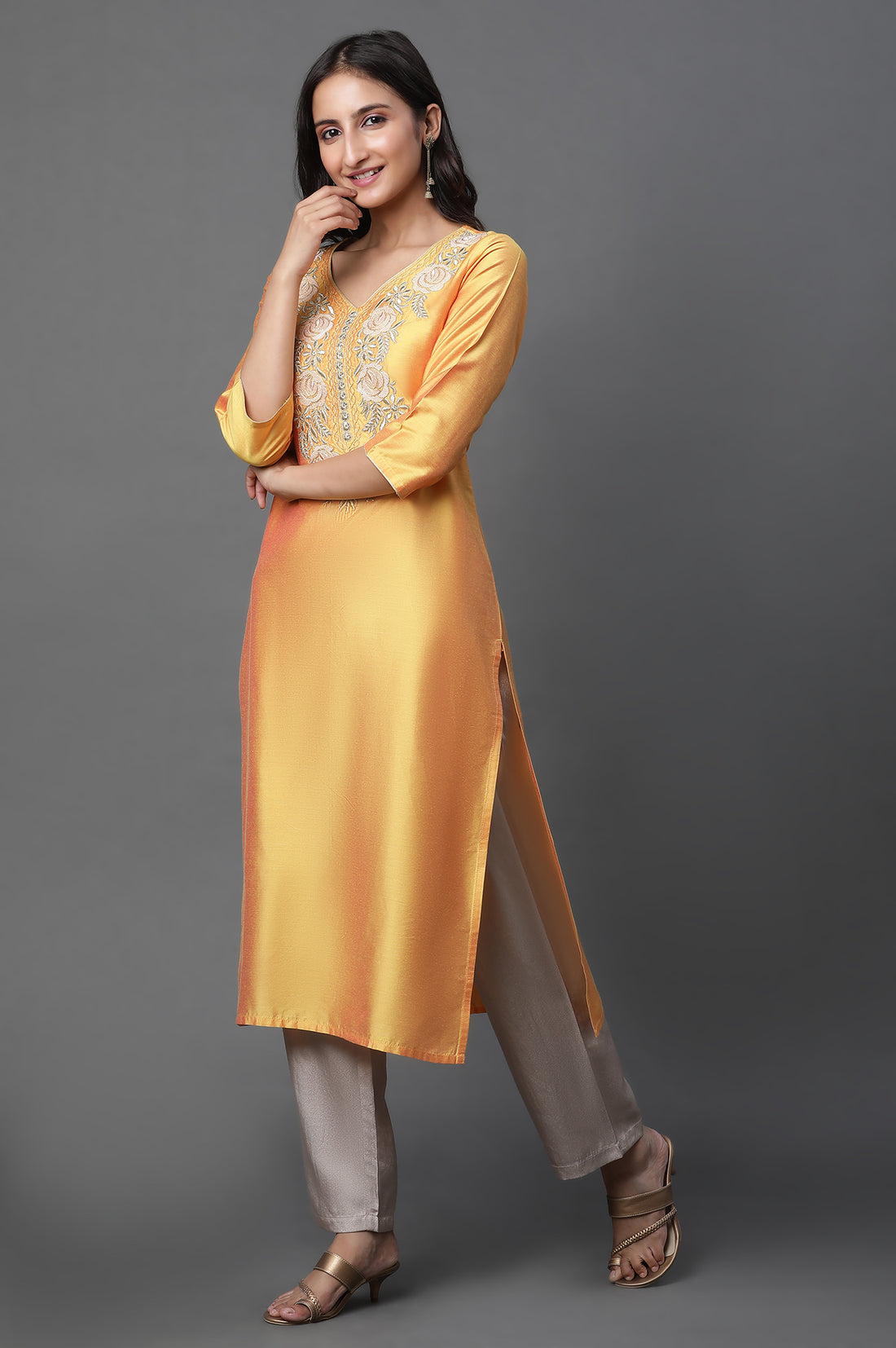 Yellow Zari Embroidered Straight Festive Kurta