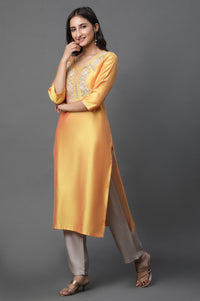 Yellow Solid Embroidered Straight Woven Kurta