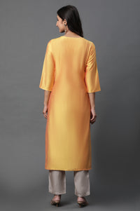 Yellow Solid Embroidered Straight Woven Kurta