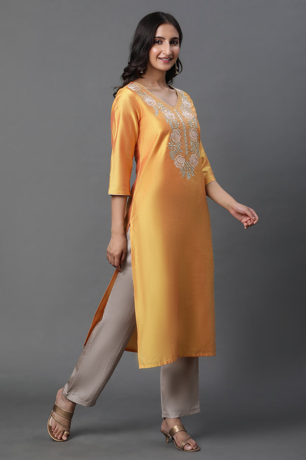 Yellow Solid Embroidered Straight Woven Kurta