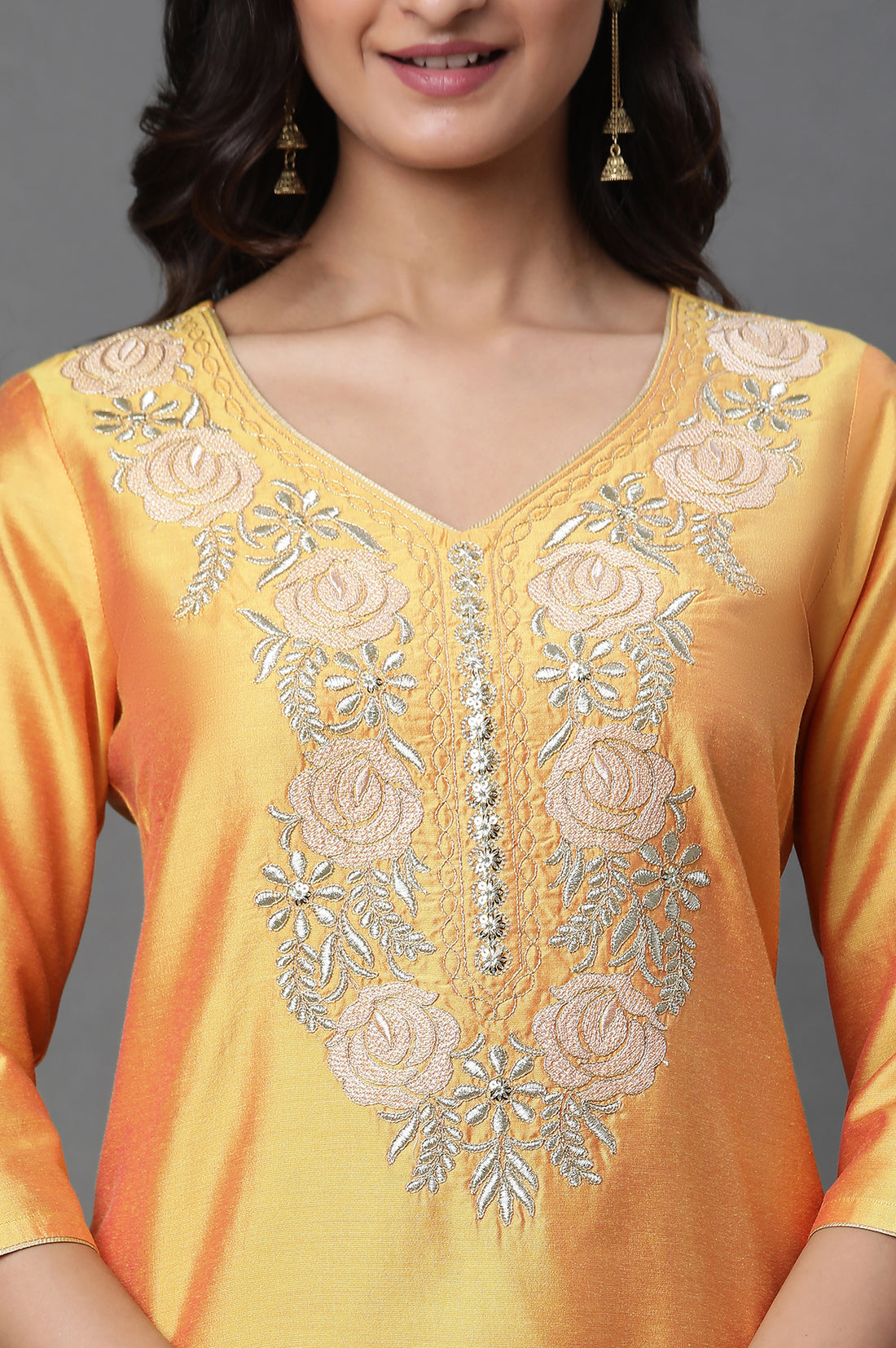 Yellow Zari Embroidered Straight Festive Kurta