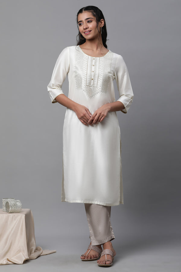 White Embroidered Zari Work Straight Woven Kurta