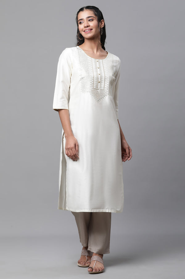 White Embroidered Zari Work Straight Woven Kurta