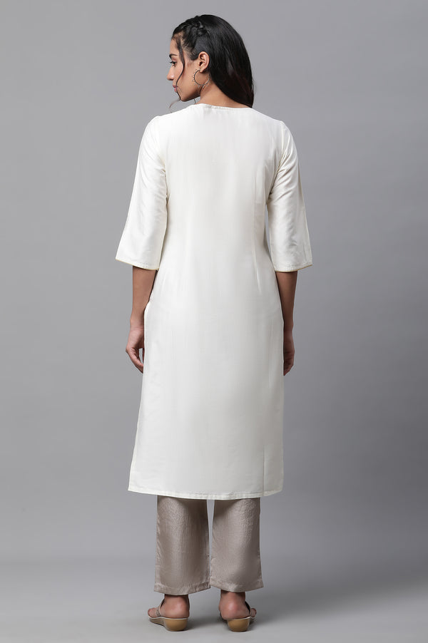White Embroidered Zari Work Straight Woven Kurta