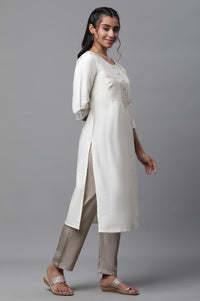 White Embroidered Zari Work Straight Woven Kurta