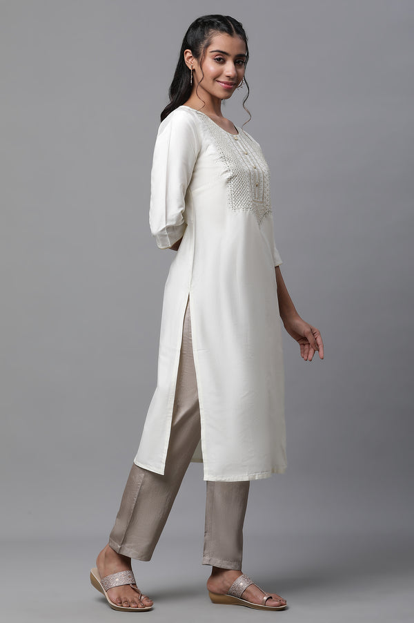 White Embroidered Zari Work Straight Woven Kurta