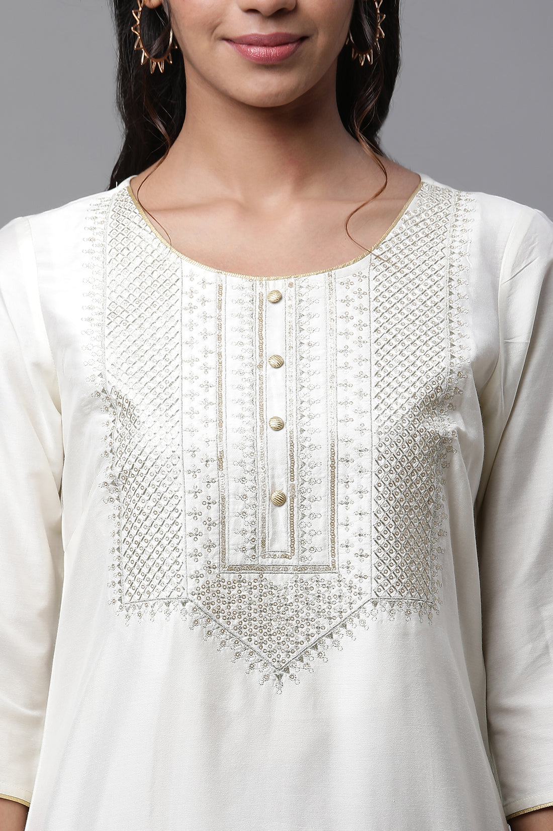 White Embroidered Zari Work Straight Woven Kurta
