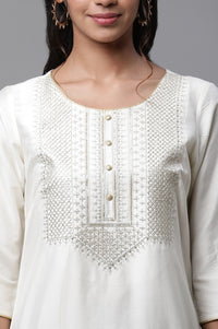 White Embroidered Zari Work Straight Woven Kurta
