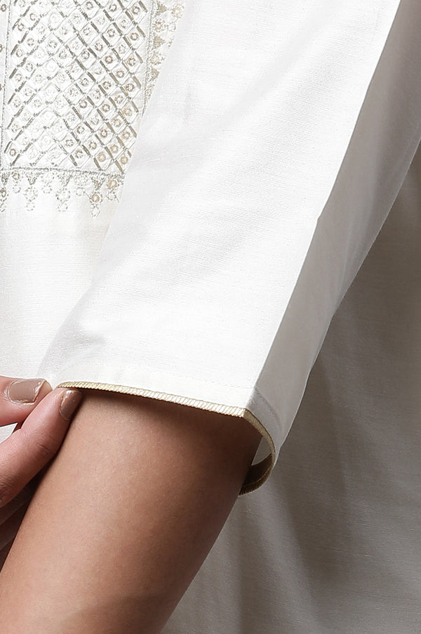 White Embroidered Zari Work Straight Woven Kurta