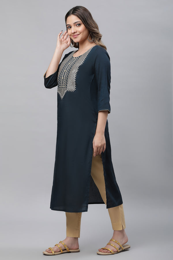 Navy Blue Embroidered Zari Work Straight Woven Kurta
