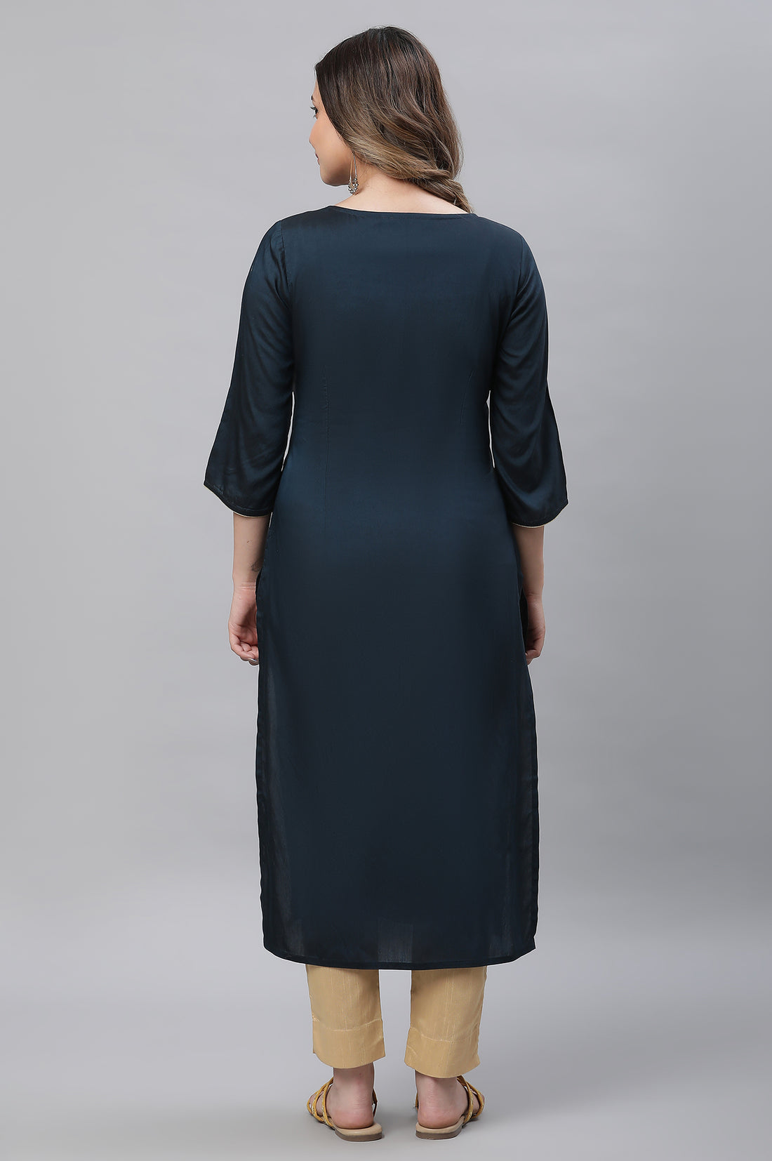 Navy Blue Embroidered Zari Work Straight Woven Kurta