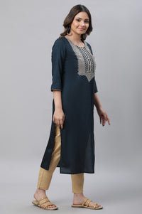 Navy Blue Embroidered Zari Work Straight Woven Kurta