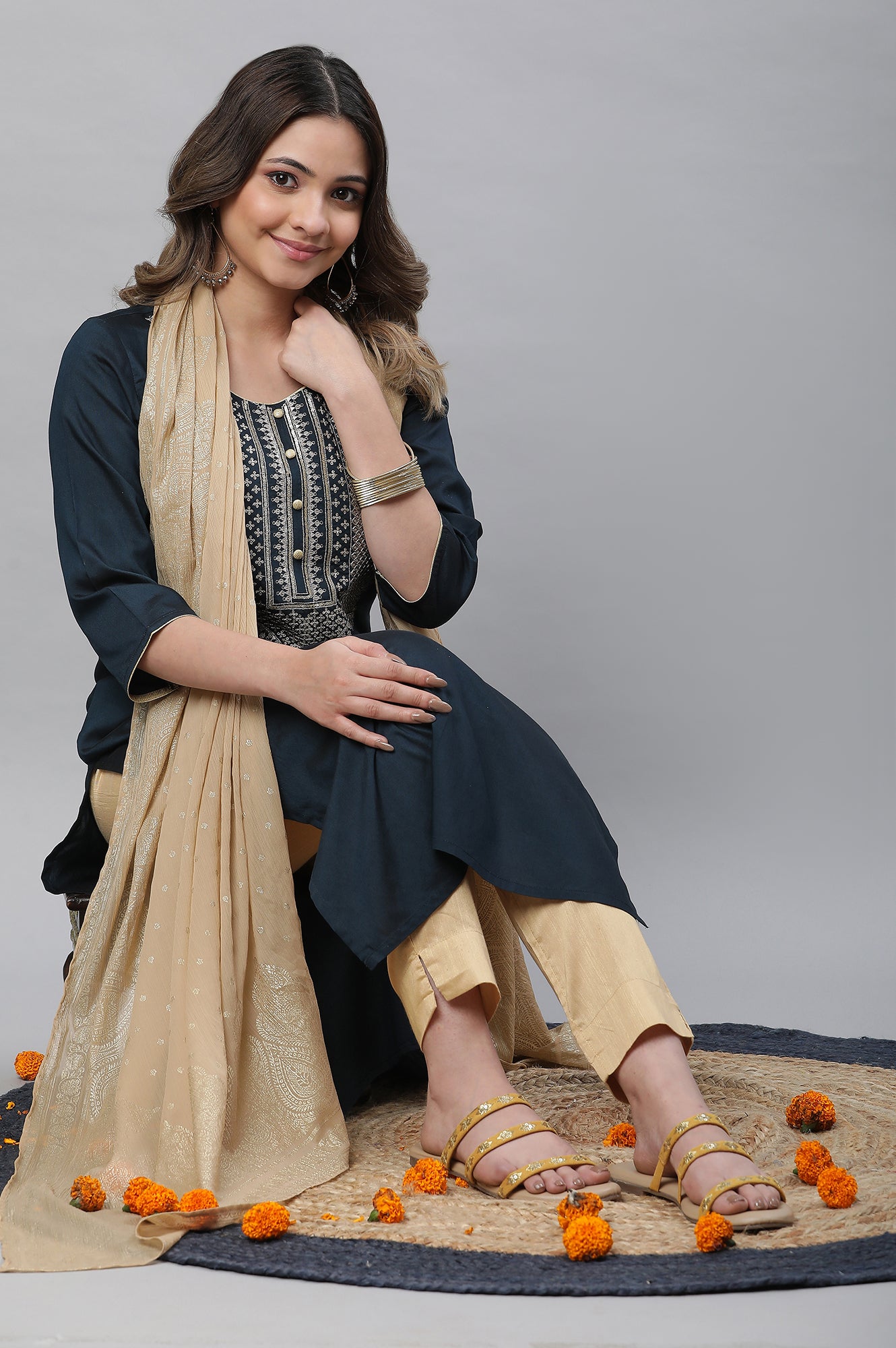 Blue Embroidered Festive Ethnic Kurta