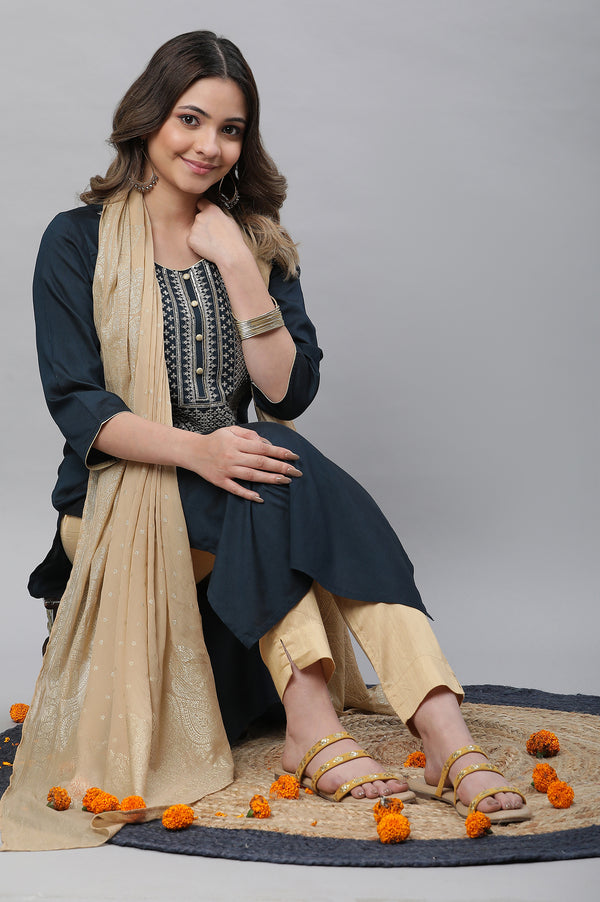 Navy Blue Embroidered Zari Work Straight Woven Kurta