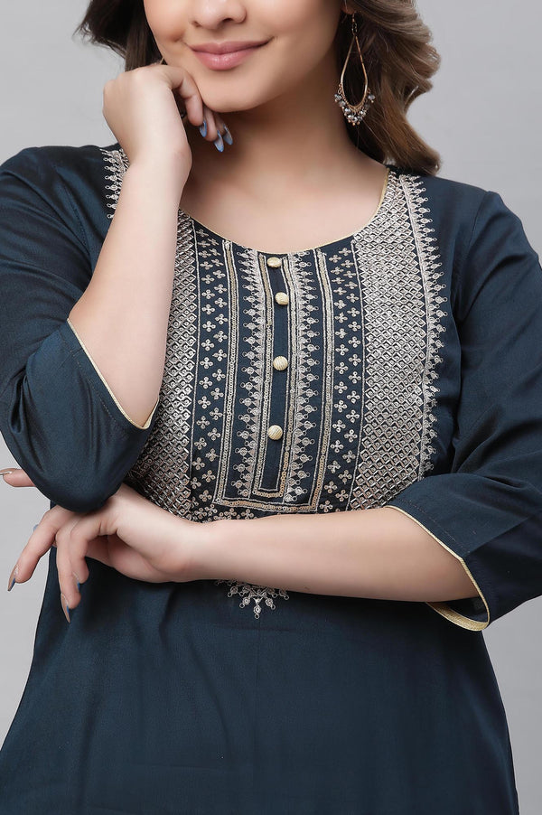 Navy Blue Embroidered Zari Work Straight Woven Kurta
