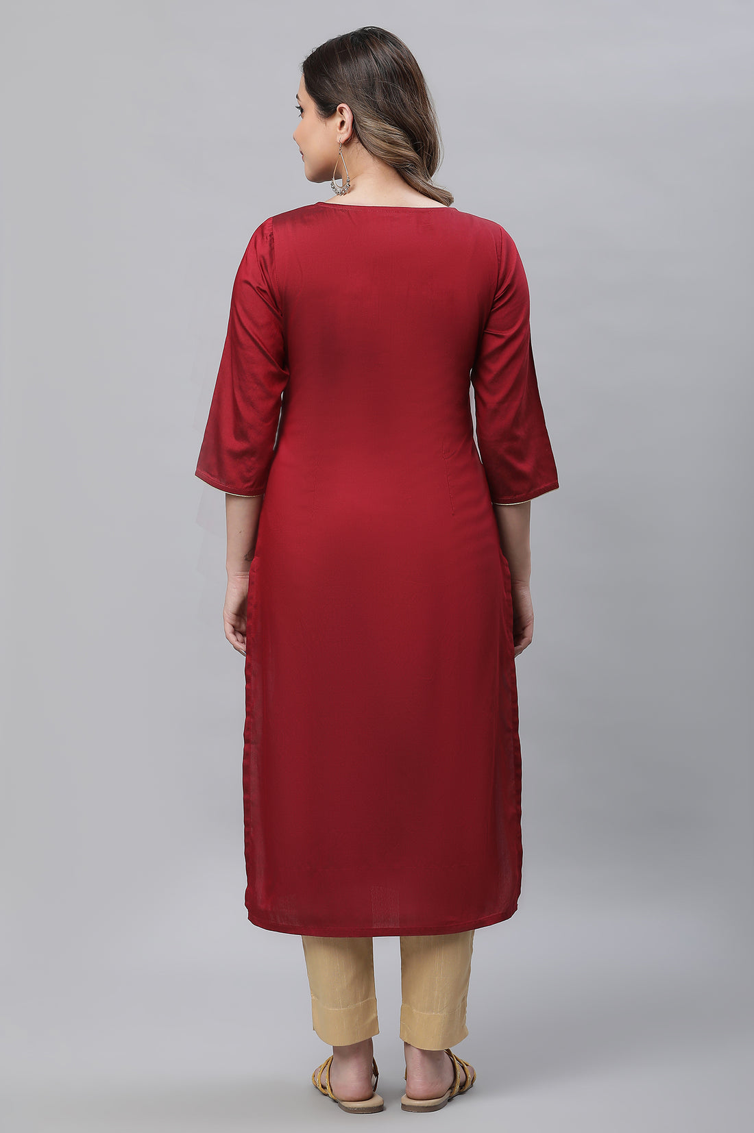 Red Embroidered Zari Work Straight Woven Kurta