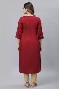 Red Embroidered Zari Work Straight Woven Kurta