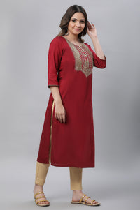 Red Embroidered Zari Work Straight Woven Kurta