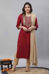 Red Embroidered Zari Work Straight Woven Kurta