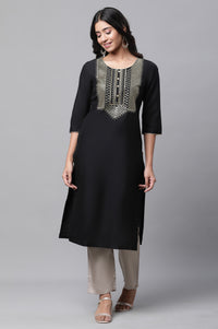 Black Embroidered Zari Work Straight Woven Kurta