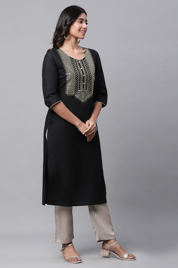 Black Embroidered Zari Work Straight Woven Kurta