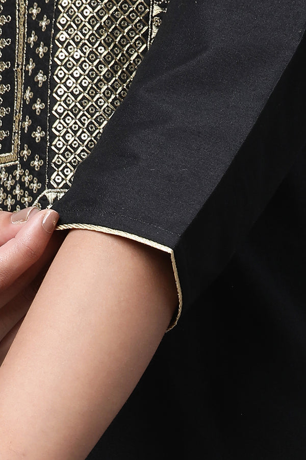 Black Embroidered Zari Work Straight Woven Kurta