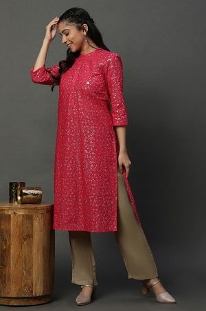 Pink Floral Glitter Printed Kurta